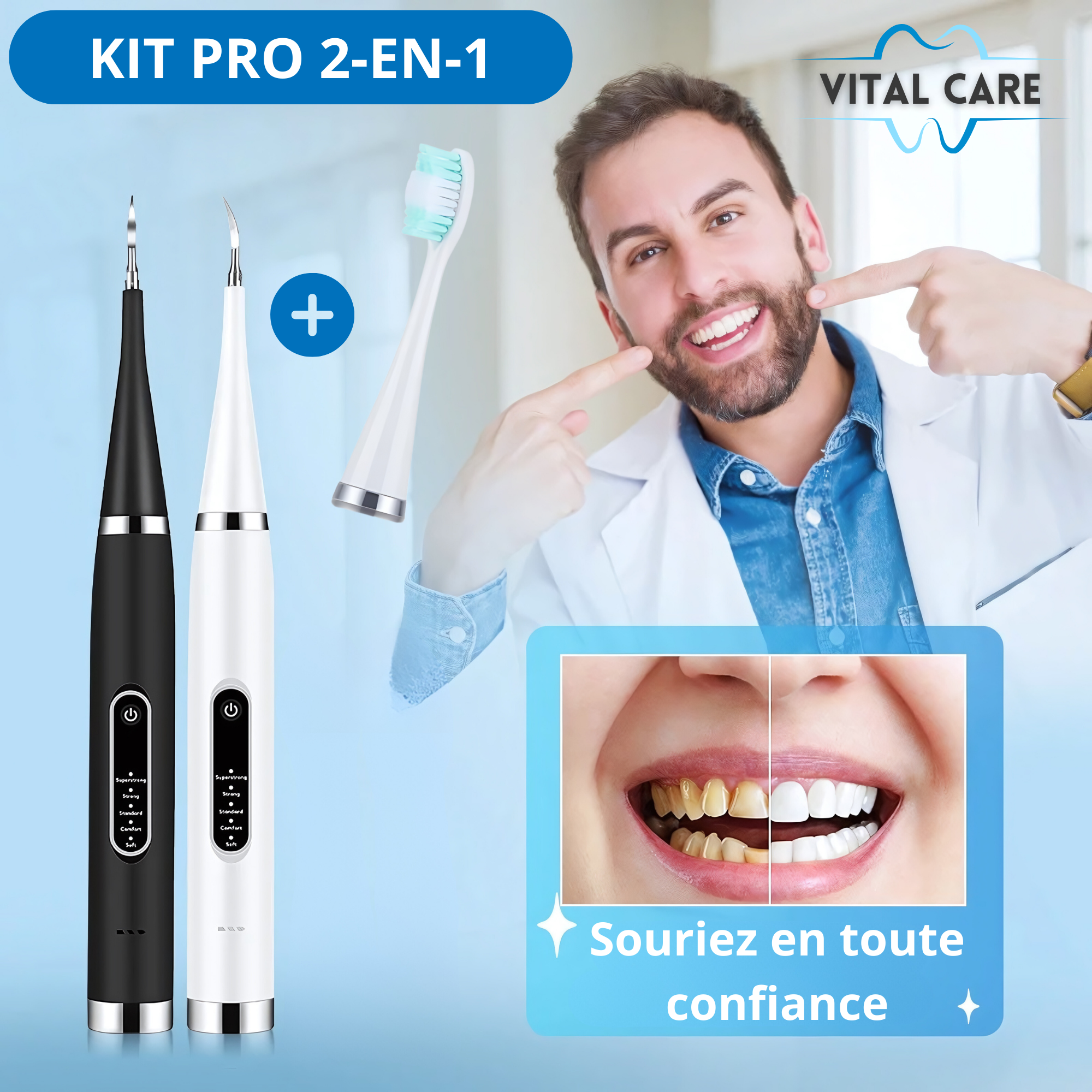 VITAL CARE | Kit dentaire ultime 2 en 1 : Blanchiment et nettoyage efficaces
