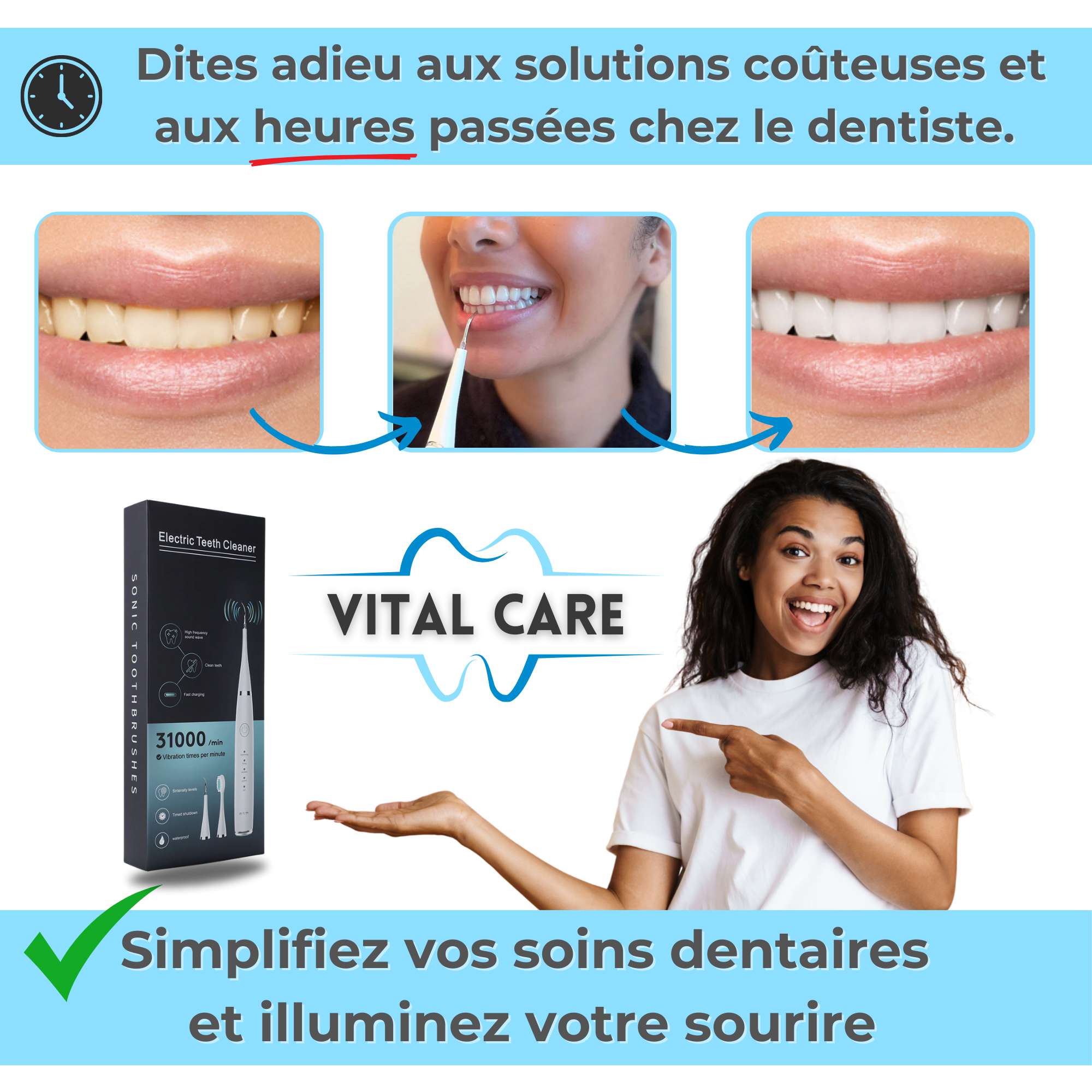 VITAL CARE | Kit dentaire ultime 2 en 1 : Blanchiment et nettoyage efficaces